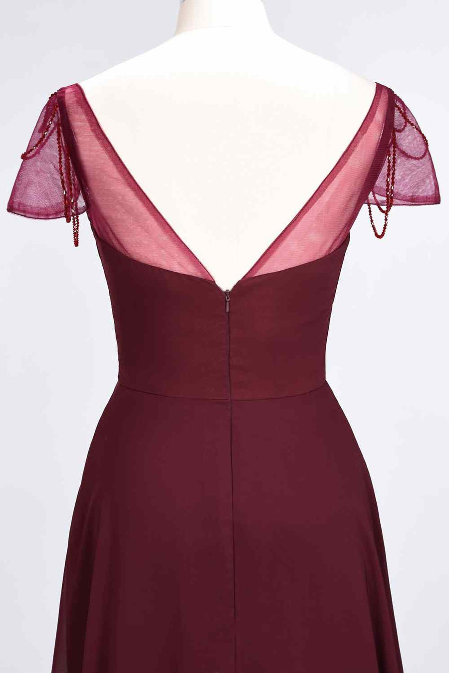 Burgundy A-line Illusion Sleeves Pleated Chiffon Long Bridesmaid Dress