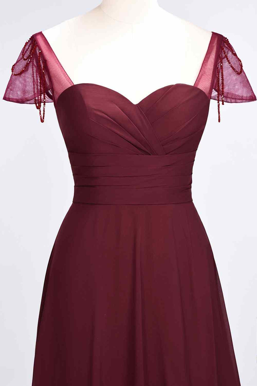 Burgundy A-line Illusion Sleeves Pleated Chiffon Long Bridesmaid Dress