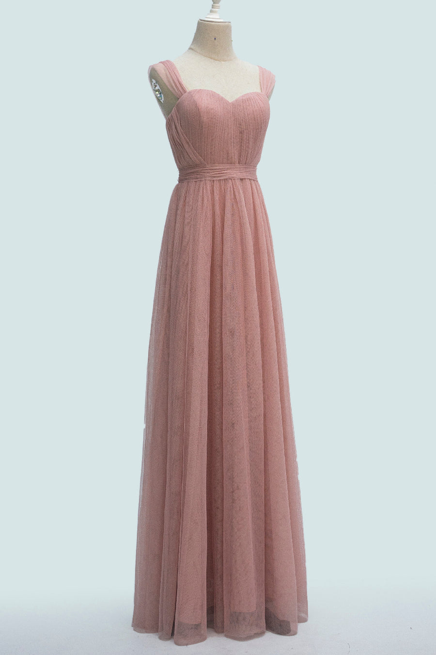 Blushing Pink A-line Sheer Strap Pleated Waistband Long Bridesmaid Dress