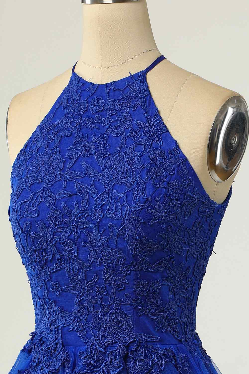 Royal Blue A-line Halter Keyhole Back Applique Mini Homecoming Dress