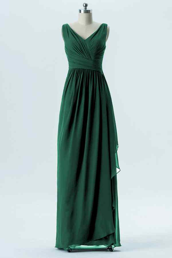 Peacock Green A-line Chiffon Pleated Ruffle Long Bridesmaid Dress Peacock Green / US 14