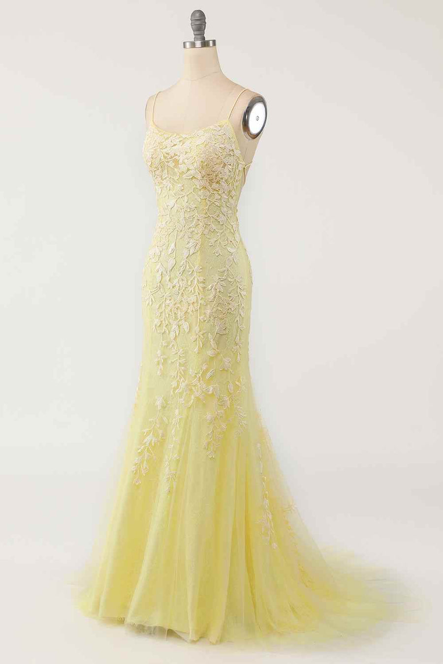 Mermaid Tulle Bateau Lace-Up Lace Appliques Prom Dress
