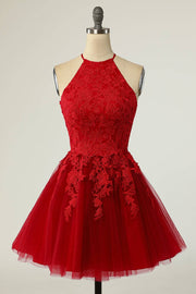 Red A-line Halter Keyhole Back Applique Mini Homecoming Dress