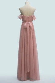 Blushing Pink A-line Sheer Strap Pleated Waistband Long Bridesmaid Dress