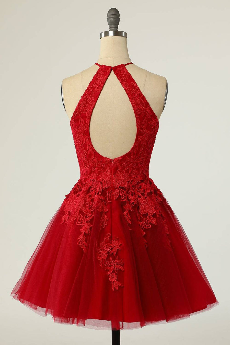 Red A-line Halter Keyhole Back Applique Mini Homecoming Dress