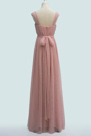 Blushing Pink A-line Sheer Strap Pleated Waistband Long Bridesmaid Dress