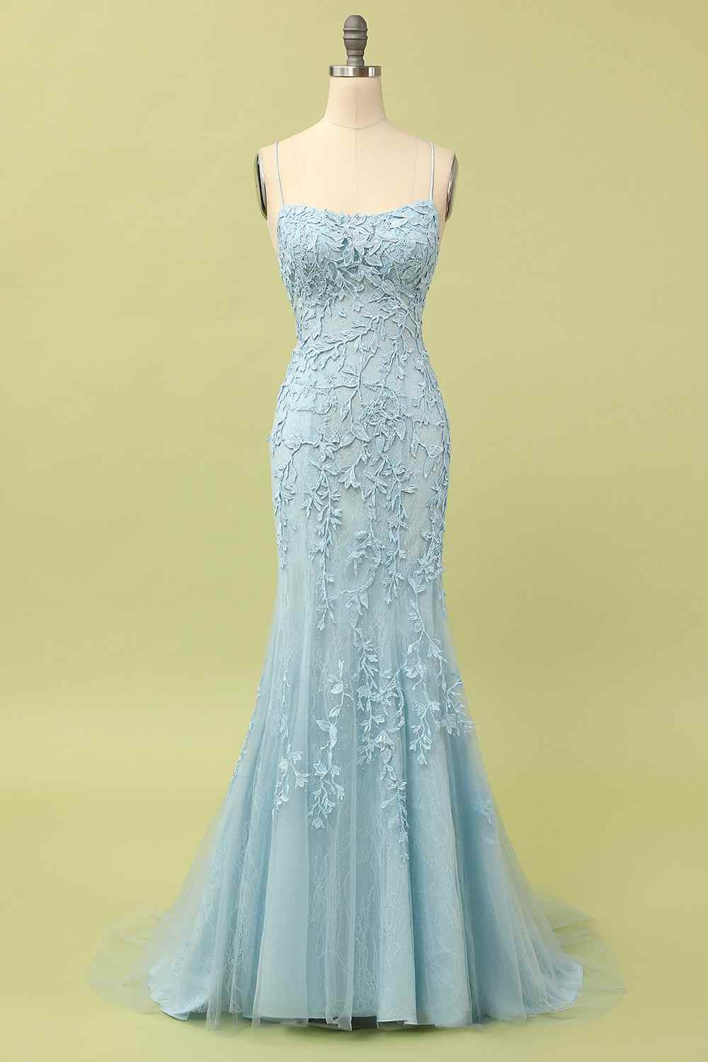 Light Yellow Light Blue Mermaid Scoop Neckline Applique Lace-Up Back Long Prom Gown