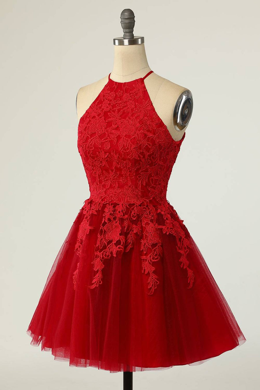 Red A-line Halter Keyhole Back Applique Mini Homecoming Dress]