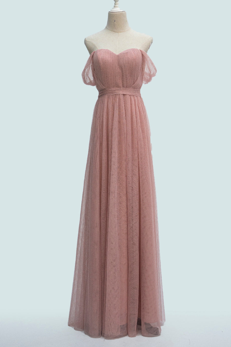 Blushing Pink A-line Sheer Strap Pleated Waistband Long Bridesmaid Dress