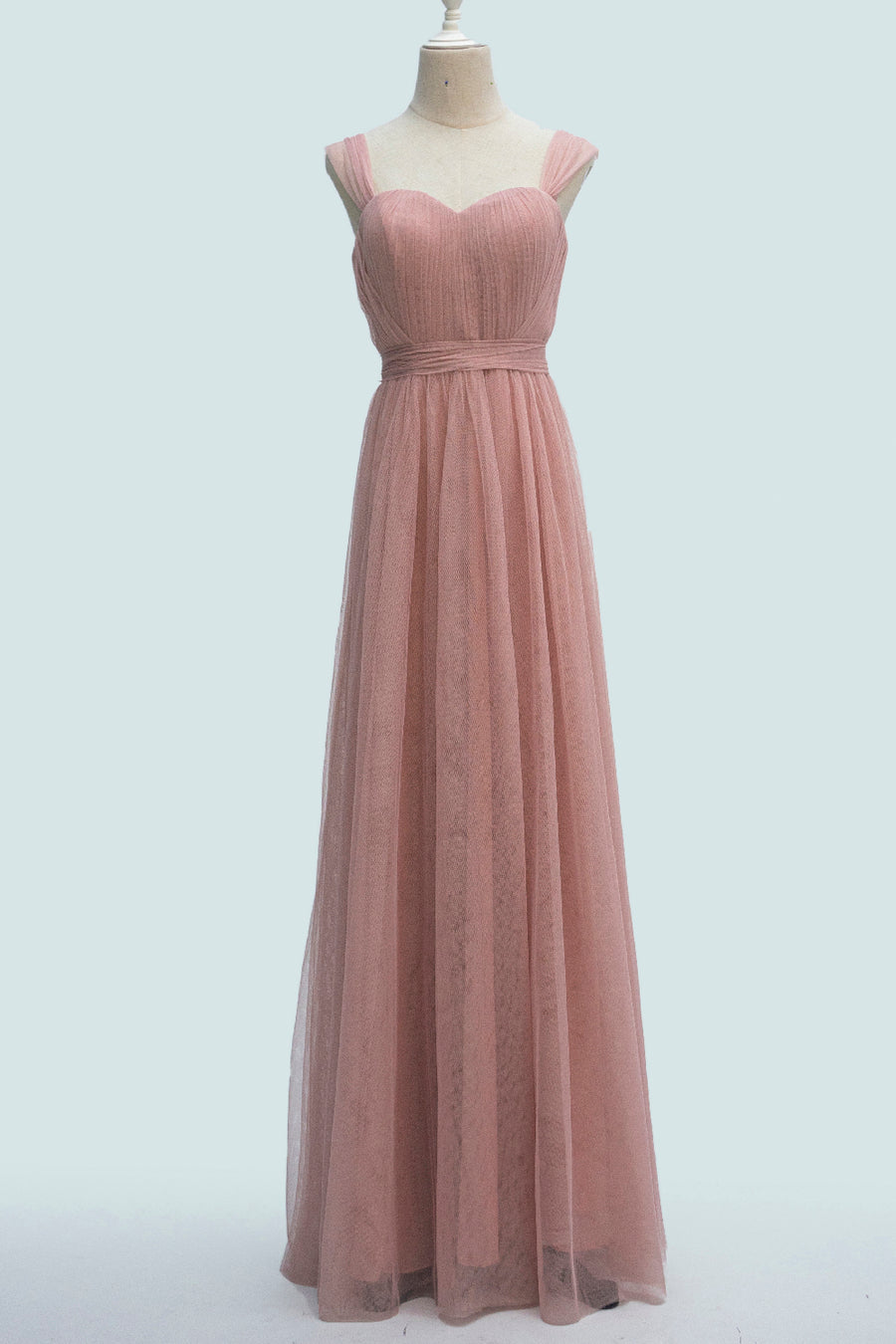 Blushing Pink A-line Sheer Strap Pleated Waistband Long Bridesmaid Dress