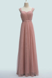 Blushing Pink A-line Sheer Strap Pleated Waistband Long Bridesmaid Dress