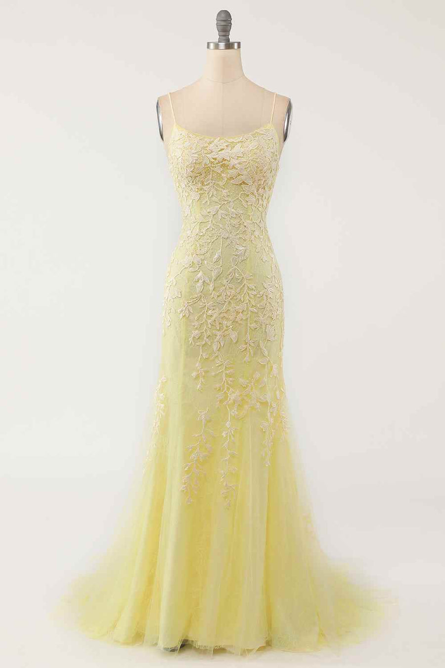 Mermaid Tulle Bateau Lace-Up Lace Appliques Prom Dress