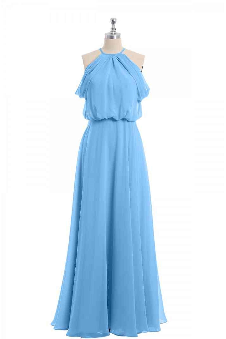 Blue A-line Halter Off-Shoulder Chiffon Long Bridesmaid Dress