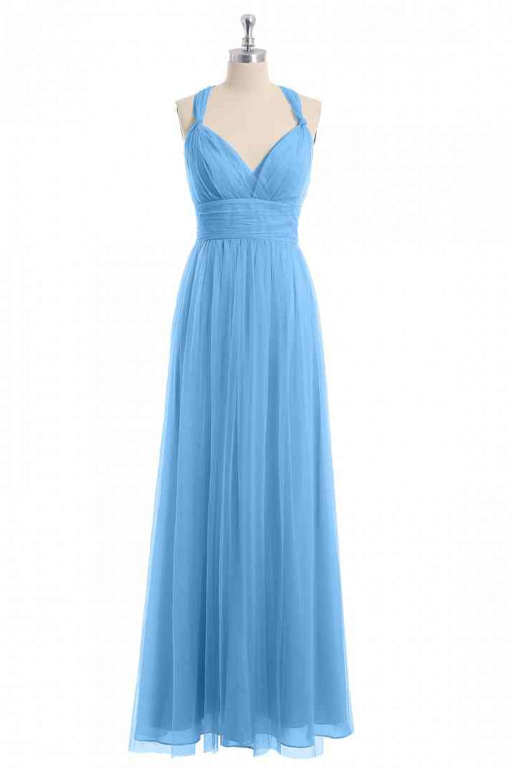 Blue A-line Sheer Straps Cross Back Chiffon Long Bridesmaid Dress