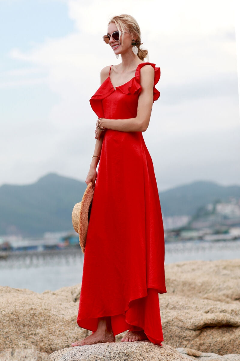 Asymmetric Red Chiffon Maxi Dress