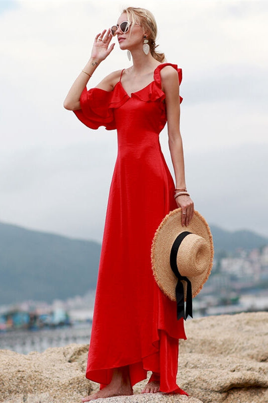 Asymmetric Red Chiffon Maxi Dress