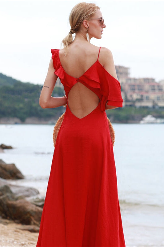 Asymmetric Red Chiffon Maxi Dress Red / US 2