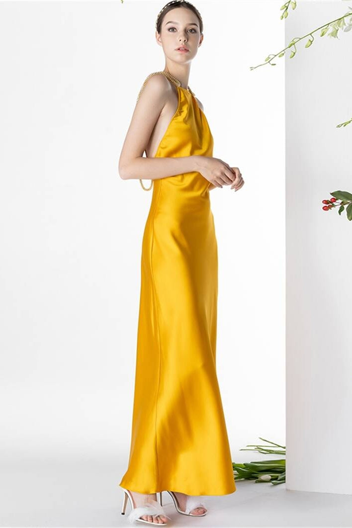 Round Sleeveless Open Back Satin Party Prom Dress Mustard Yellow / US 4 Round Sleeveless Open Back Satin Party Prom Dress Mustard Yellow / US 4