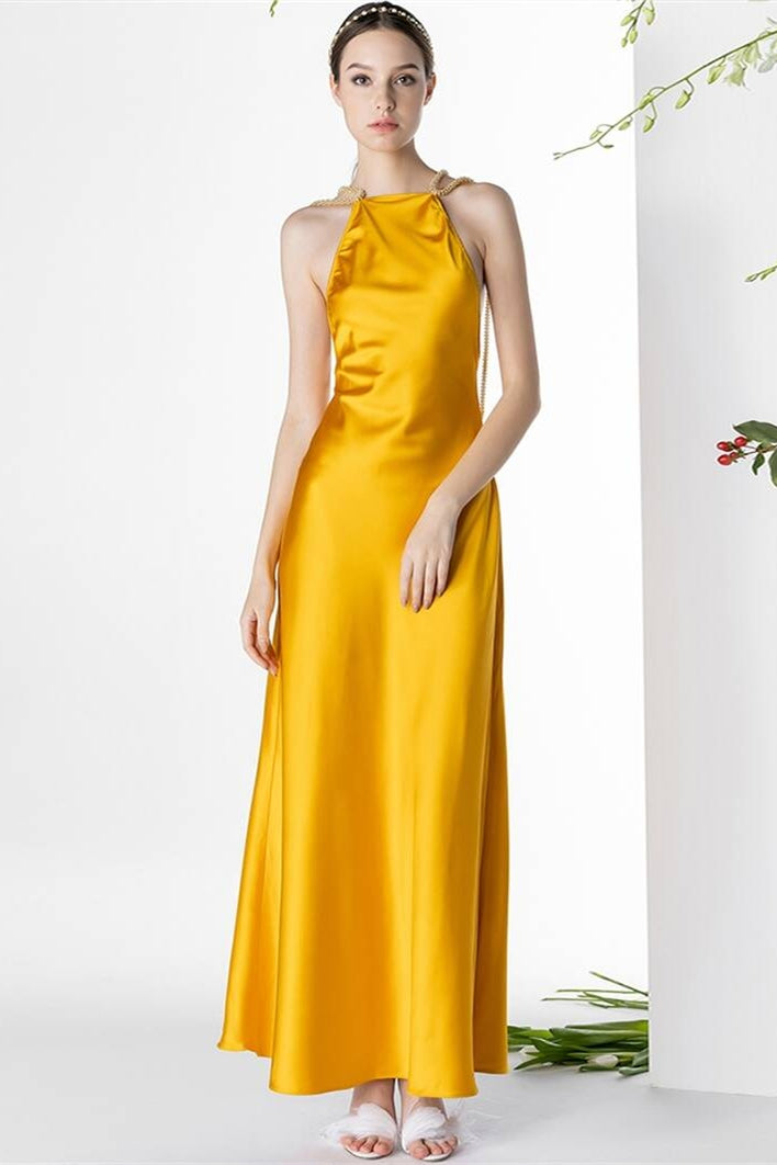yellow silk dress open back V Neck Backless Yellow Satin Prom Dresses, Open Back Yellow Satin Form jbydress