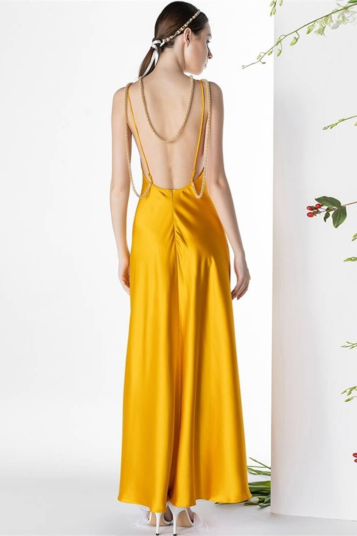 Round Sleeveless Open Back Satin Party Prom Dress Mustard Yellow / US 4
