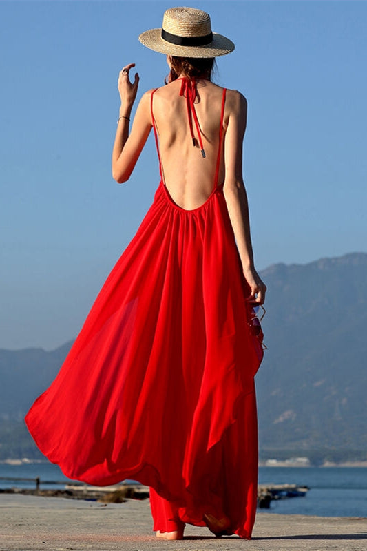 Backless Red Chiffon Maxi Dress Red / US 8