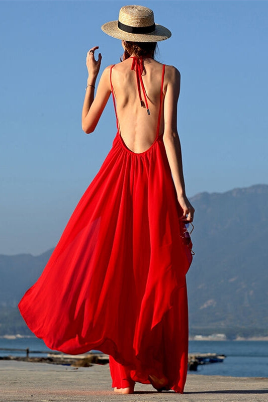 Backless Red Chiffon Maxi Dress
