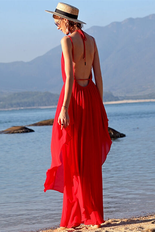 Backless Red Chiffon Maxi Dress