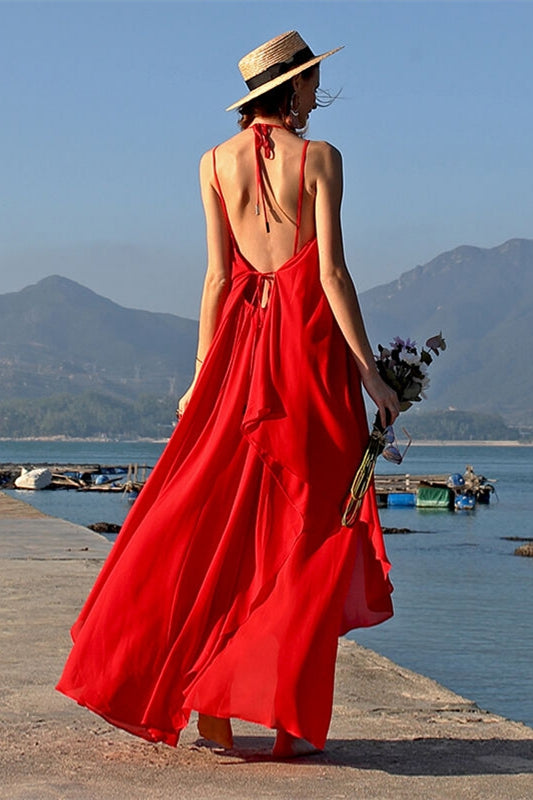 backless red long dress Backless Red Chiffon Maxi Dress Red / US 8
