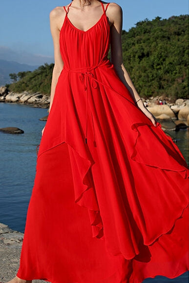 Backless Red Chiffon Maxi Dress