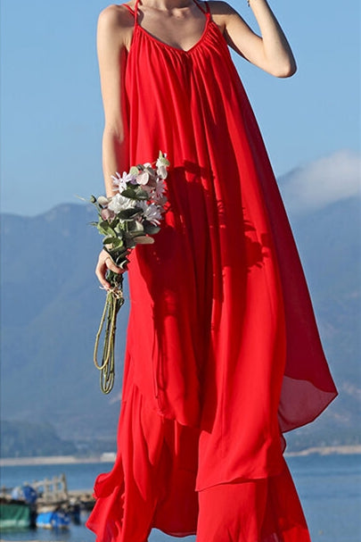 Backless Red Chiffon Maxi Dress
