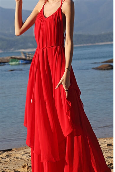 Backless Red Chiffon Maxi Dress