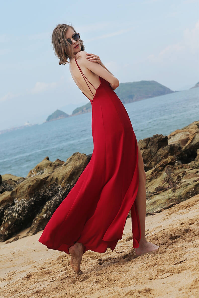 Backless Red Chiffon Slit Maxi Dress