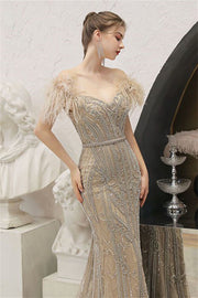 Beaded Champagne Off the Shoulder Long Evening Dress