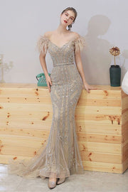 Beaded Champagne Off the Shoulder Long Evening Dress