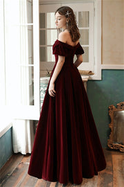 Bell Sleeves Burgundy Velvet Formal Dress