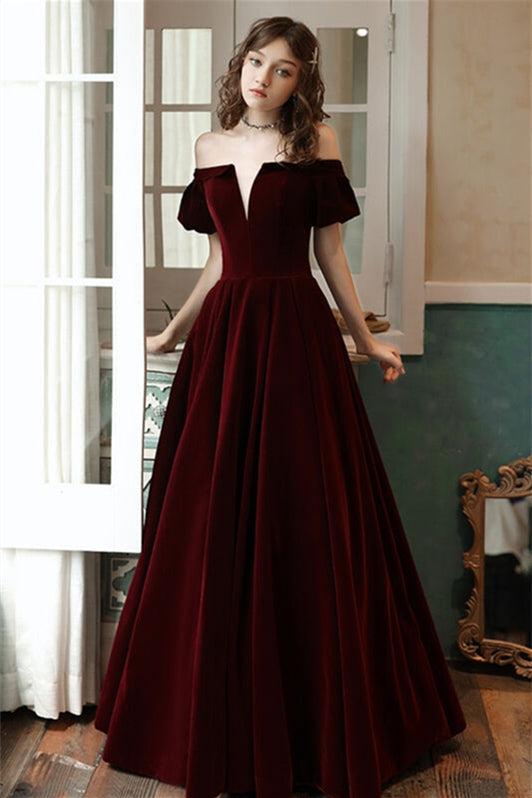 Bell Sleeves Burgundy Velvet Formal Dress