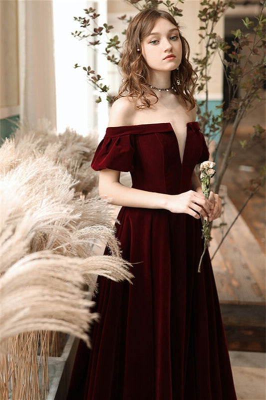 Bell Sleeves Burgundy Velvet Formal Dress