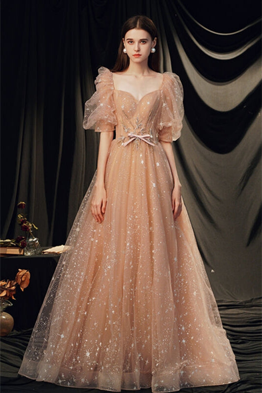 Bell Sleeves Champagne Long Formal Dress Joyofdress