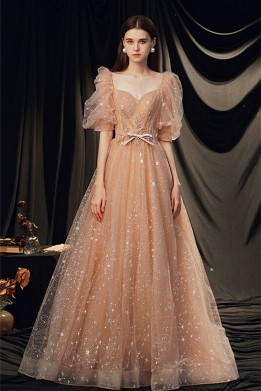 Bell Sleeves Champagne Long Formal Dress