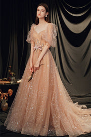 Bell Sleeves Champagne Long Formal Dress
