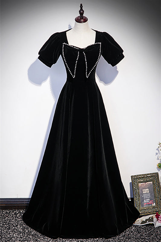 Black A-line Sleeves Velvet Long Formal Dress with Beaded Bow