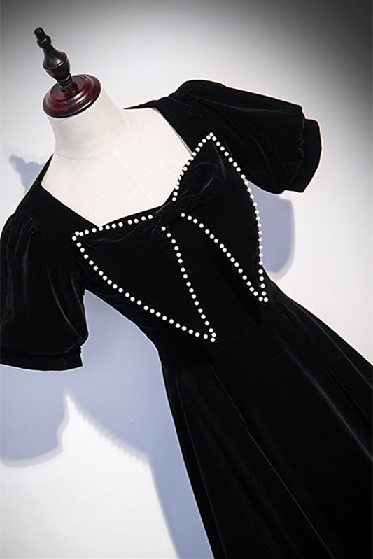 Black A-line Sleeves Velvet Long Formal Dress with Beaded Bow