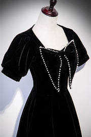Black A-line Sleeves Velvet Long Formal Dress with Beaded Bow