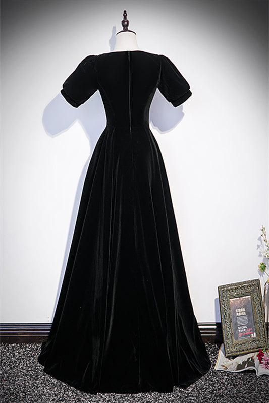 Black A-line Sleeves Velvet Long Formal Dress with Beaded Bow