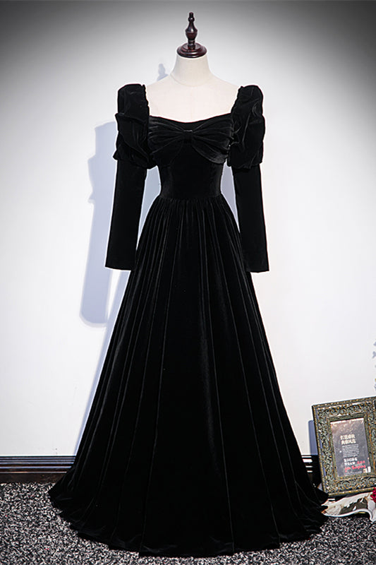 Black A-line Puff Long Sleeves Pleated Velvet Long Formal Dress with Bow