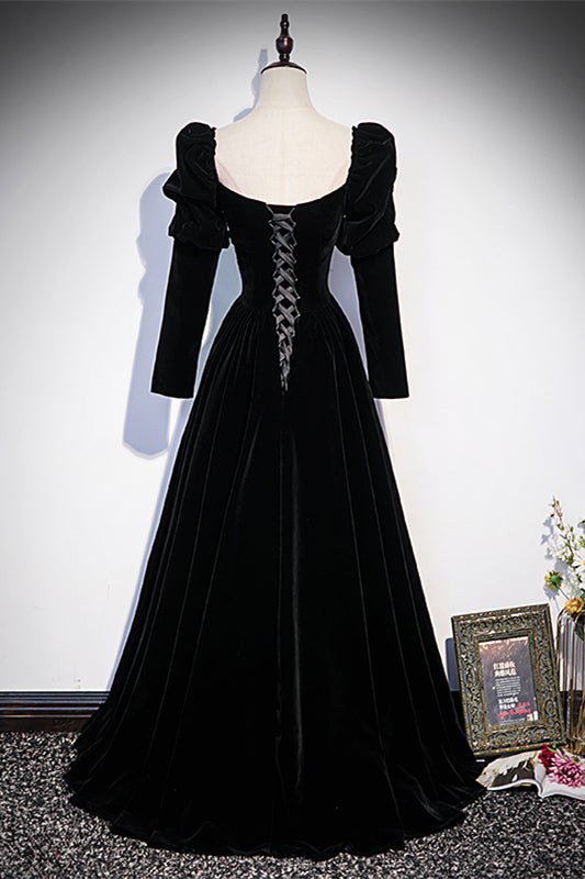Black A-line Puff Long Sleeves Pleated Velvet Long Formal Dress with Bow