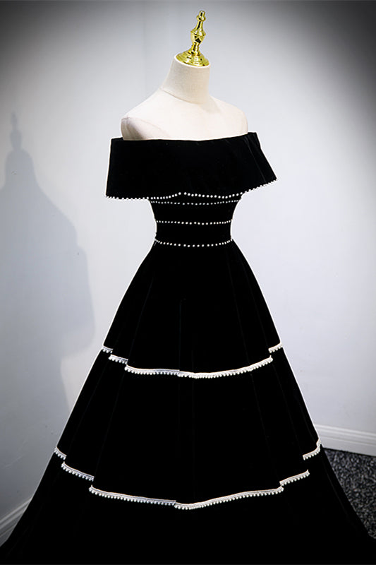Black Velvet Off-the-Shoulder Beaded Lace-Up Back Long Formal Dress