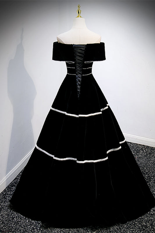 Black Velvet Off-the-Shoulder Beaded Lace-Up Back Long Formal Dress