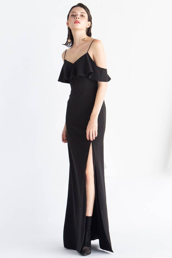 Black V-Neck Ruffle A-Line Satin Party Prom Dress With Slit