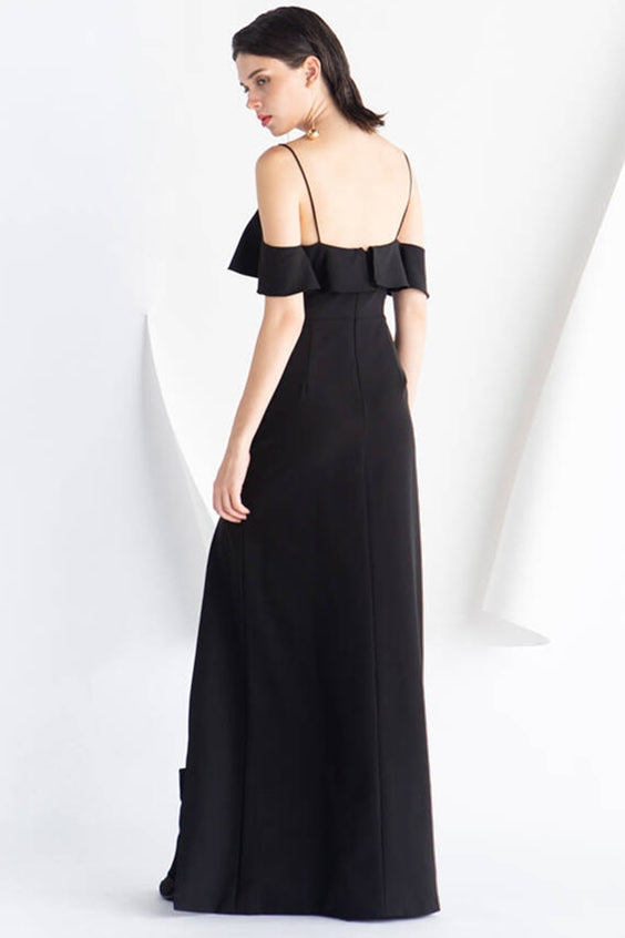 Black V-Neck Ruffle A-Line Satin Party Prom Dress With Slit